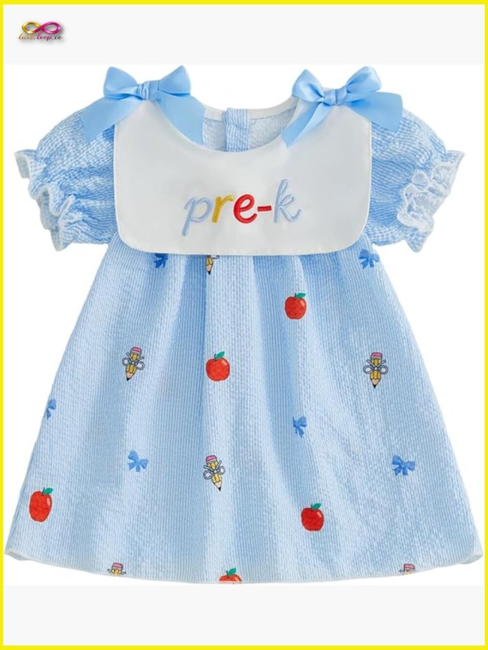 Toddler Girl Pre K Apple Print Bubble Dress Smocked Short Sleeve School Outfit